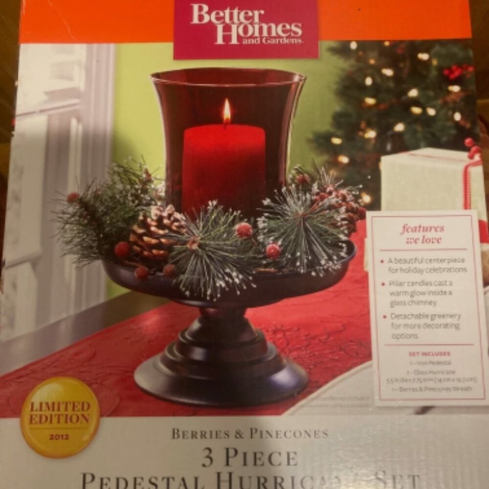 Better Homes and Gardens 3 Piece Berries & Pinecones Pedestal Red Hurricane Set